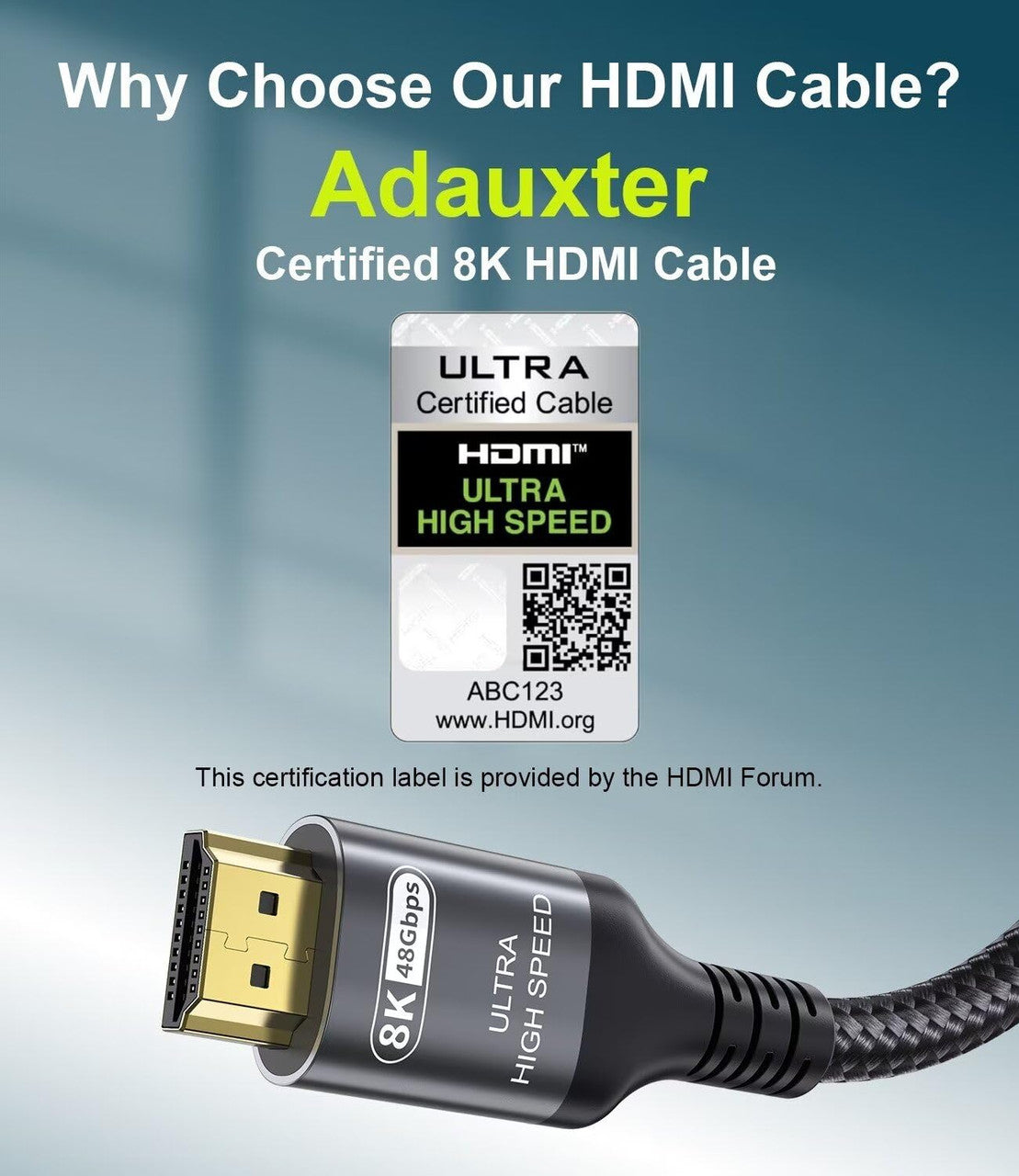 Adauxter 10K 8K HDMI 2.1 Cable 10 FT, Certified 48Gbps Ultra High Speed HDMI Cable with Ethernet 4K 240Hz 165Hz 120Hz 8K 60Hz eARC HDCP2.3 HDR10+ PC Laptop TV Monitor Projector PS5 X-Box