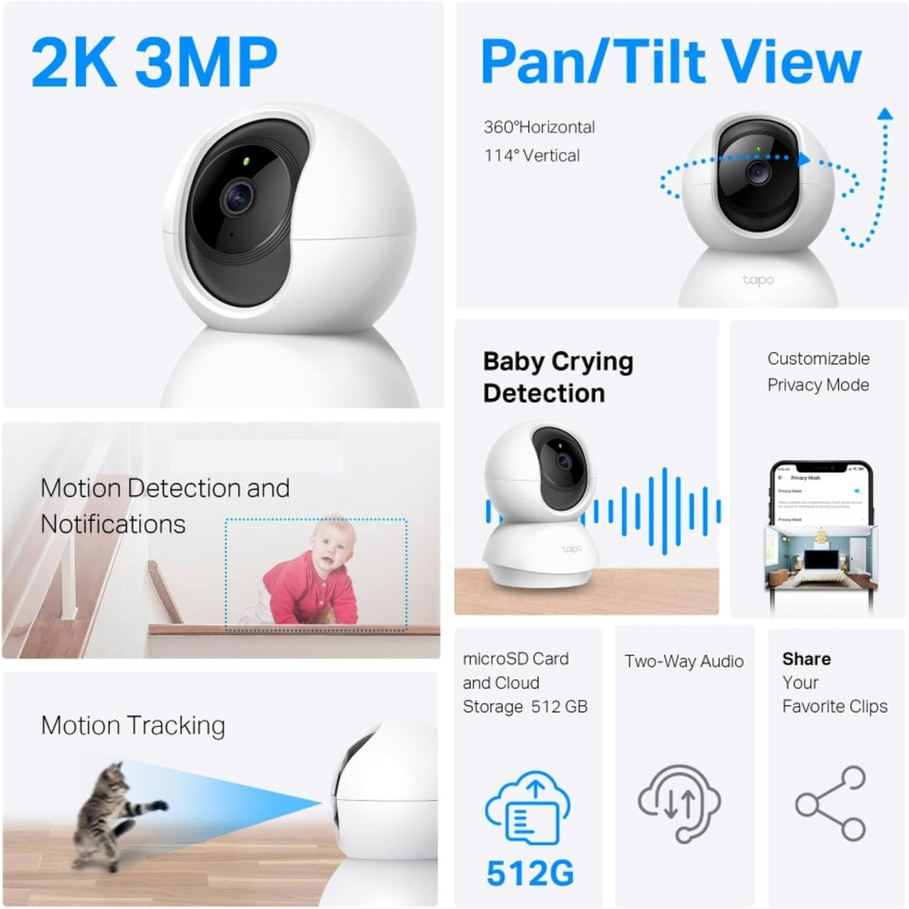 Tapo 2K Pan/Tilt Home Security Wi-Fi Camera, 360° horizontal and 114° vertical range,AI&Baby Cry Detection, 2way audio, Cloud &SD Card Storage up to 256 GB,work with Amazon Alexa&Google (Tapo C210P2)