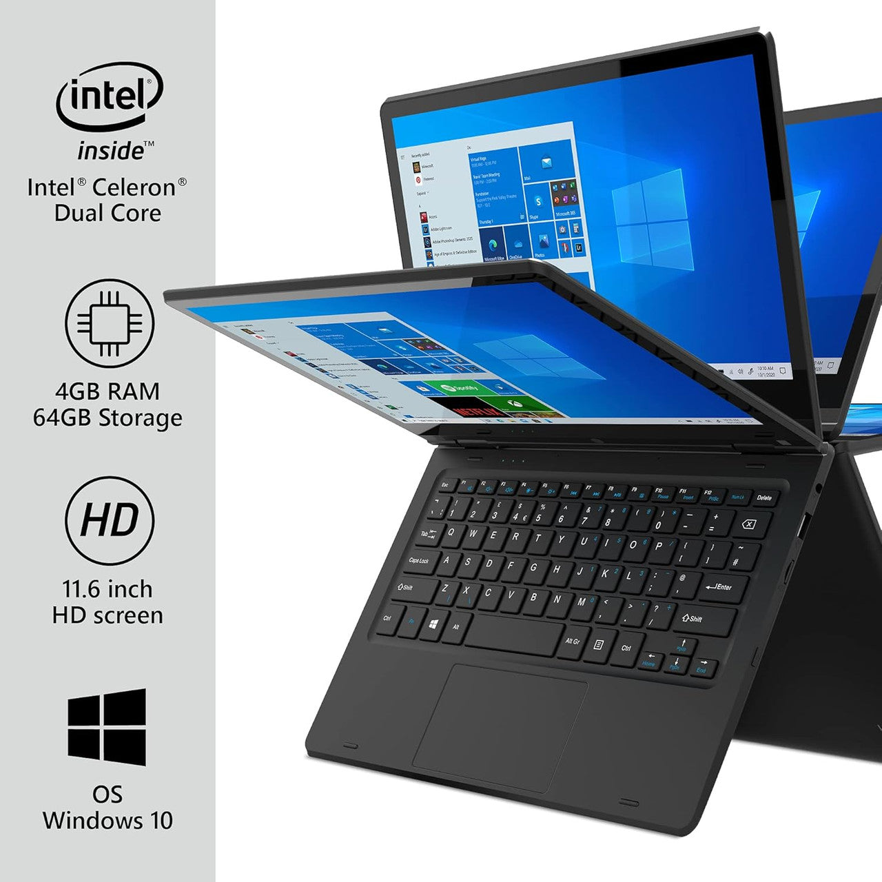 iOTA Flo 360 Touchscreen convertible Laptop 11.6 inch - (Celeron, 4GB RAM, 64GB eMMC, intel UHD graphics, Windows 11 S mode) - Black