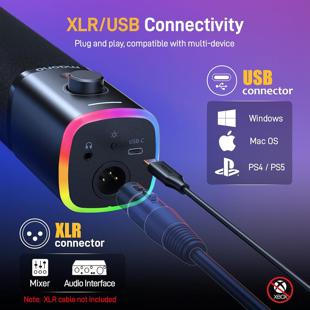 MAONO USB/XLR Gaming Mic for Streaming, Podcasting, and Studio Recording, Dynamic Microphones with Dual Noise Cancellation, Software, RGB, and Mute Button for PC, PS4/PS5, Mixers (PD100X Black)