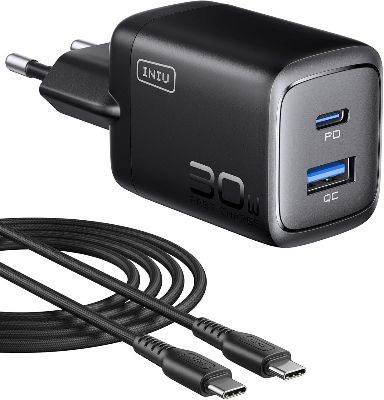 INIU 30 W USB C Charger, GaN Fast Charger with 1.5 m 60 W Cable, Dual Port Power Supply with Intelligent Device Protection for iPhone 17 16 Pro Max, iPad MacBook Air Galaxy S26 Pixel Xiaomi, Black