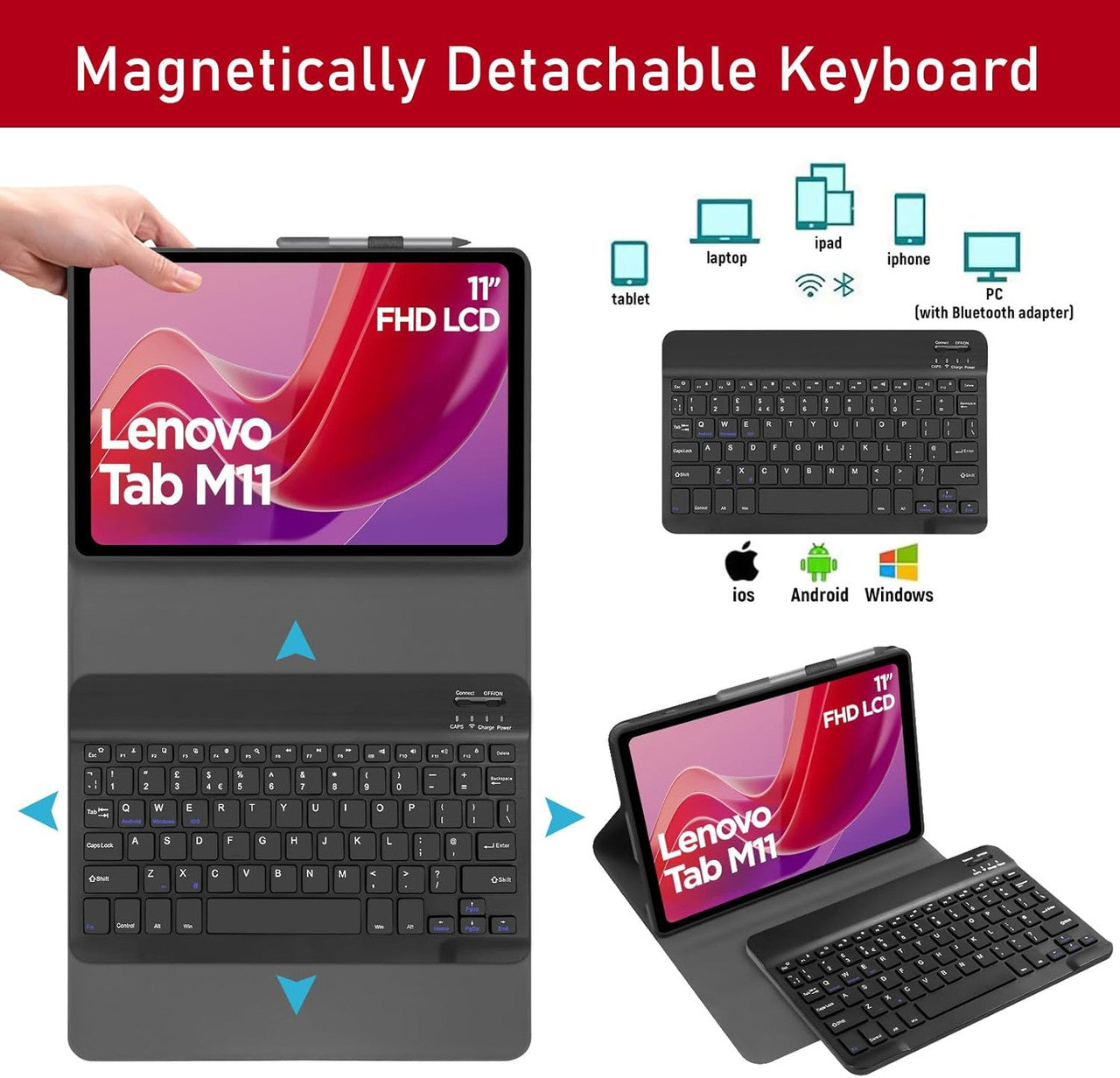 Case with Keyboard for Lenovo Tab M11 11 inch, UK layout Keyboard Case for Lenovo Tab M11, Detachable Bluetooth Keyboard and Pencil Holde for Lenovo M11 Tablet 11", Black