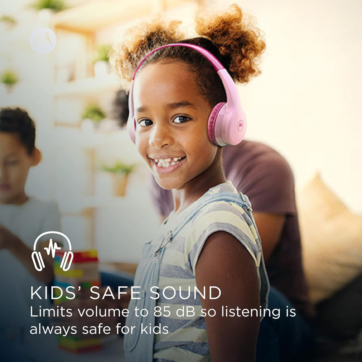 Motorola JR300 Kids Bluetooth Wireless Headphones with Microphone - Lightweight Over Ear, Safe Volume Limit 85dB, Audio Splitter for Sharing - Ideal for School, Travel, Gaming - Pink