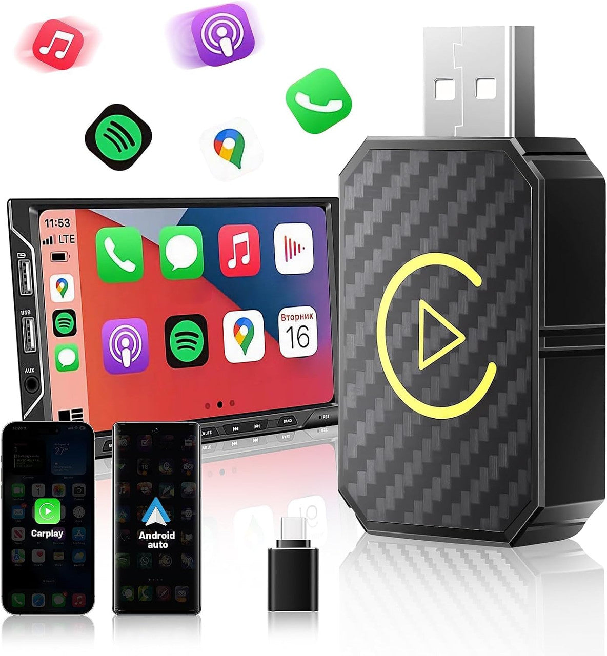 Wireless Adapter for CarPlay - Upgrade 2025, Wireless USB/Type-C Adapter, Fast and Stable Connection Without Delays, Compatible with iOS 12+