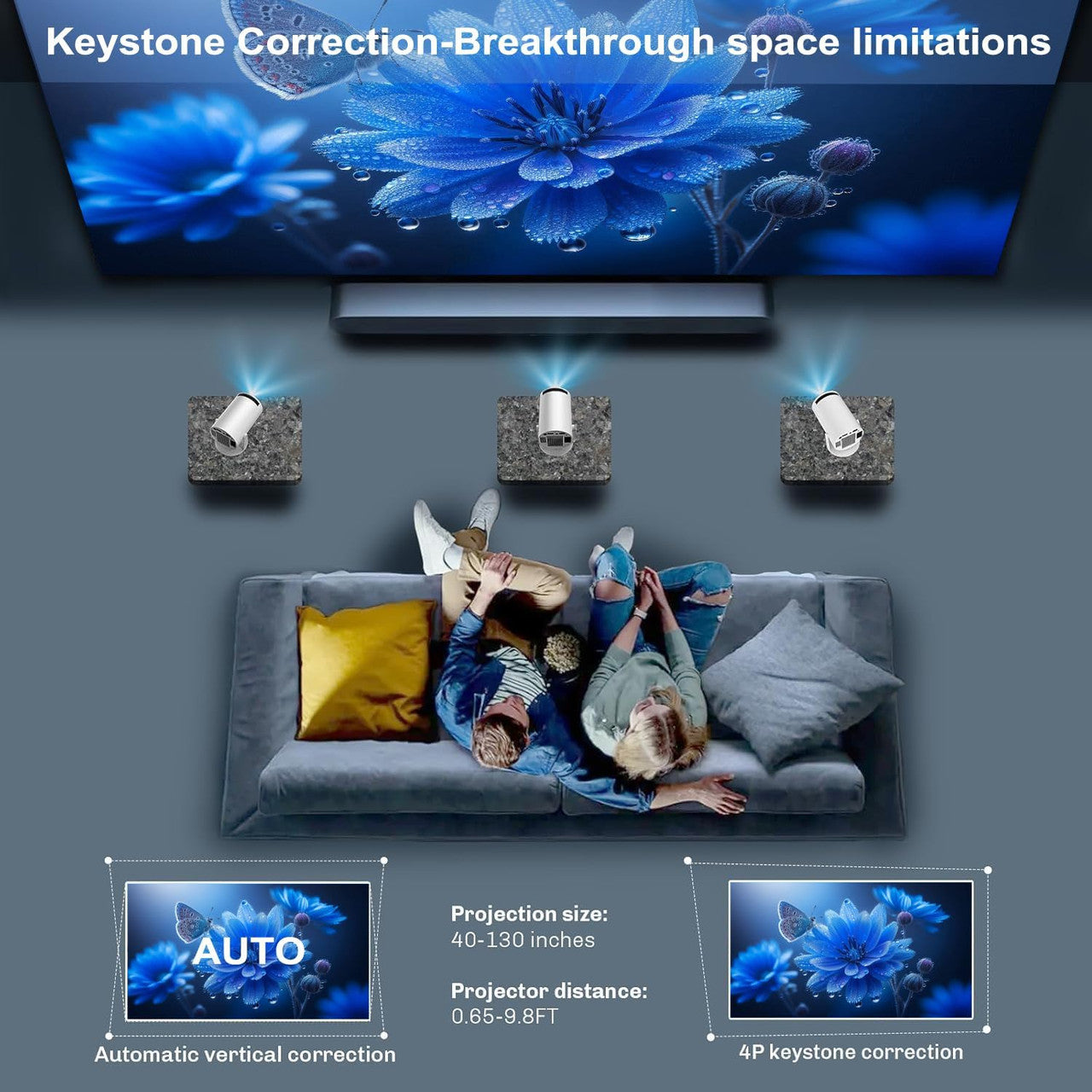 Mini Portable Projector Projector 4K 1080P Full HD Compatible Android 11 Netflix WiFi 6 BT5.2 Correction Trapezoid 180° Rotation Built-in Speaker HDMI/USB/TV Stick/PS5