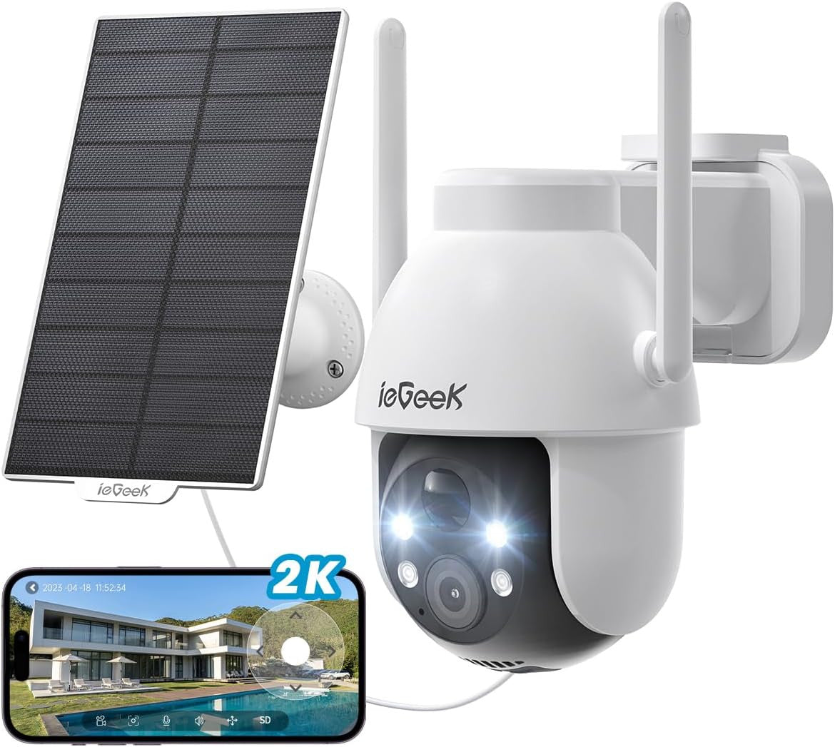 ieGeek 2K Solar Security Camera Outdoor Wireless, 360° Pan Battery Camera with Solar Panel, Wifi CCTV Camera Systems, Color Night Vision, PIR Motion Detection, 2-Way Audio, Works with Alexa