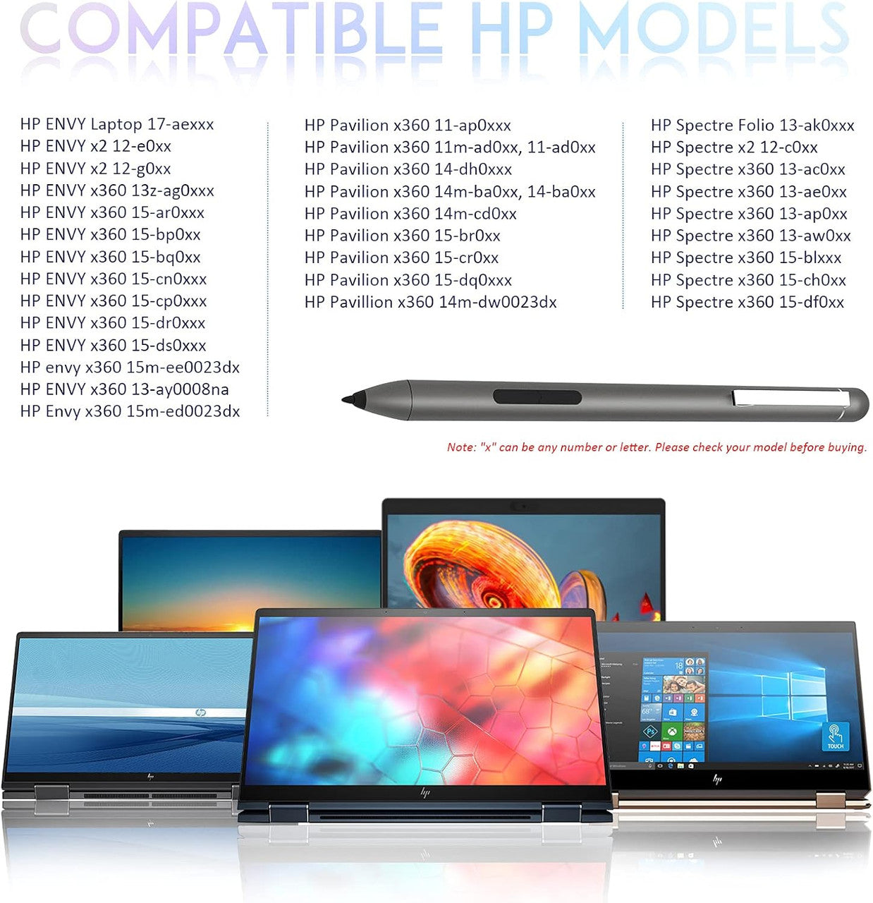Stylus Pen HP MPP 1.51 Pen for HP Envy x360 15-bp0, X2 12-e0xx,X2 12g0xx; HP Spectre x360 13-ae013dX, HP Pavilion x360 11m-ad0 14M, 2 interchangeable tip Check Compatible List Before Purchase
