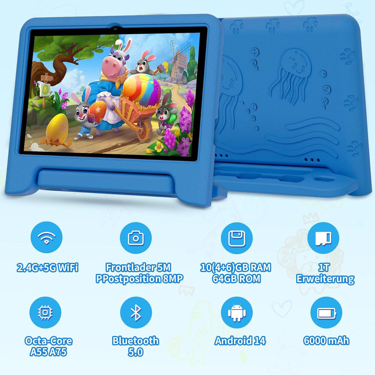 JIKOCXN Children's Tablet, 10 Inch Android 14 Tablets, Octa Core Tablet for Children, 10 GB RAM + 64 GB ROM, 1280 x 800 LCD Touchscreens, 6000 mAh, WiFi 5, BT5.0, Dual Camera, GPS (Blue)