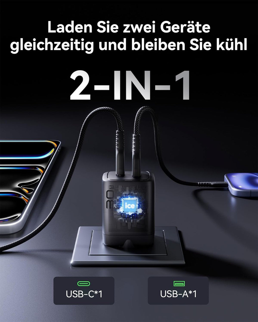 INIU 30 W USB C Charger, GaN Fast Charger with 1.5 m 60 W Cable, Dual Port Power Supply with Intelligent Device Protection for iPhone 17 16 Pro Max, iPad MacBook Air Galaxy S26 Pixel Xiaomi, Black