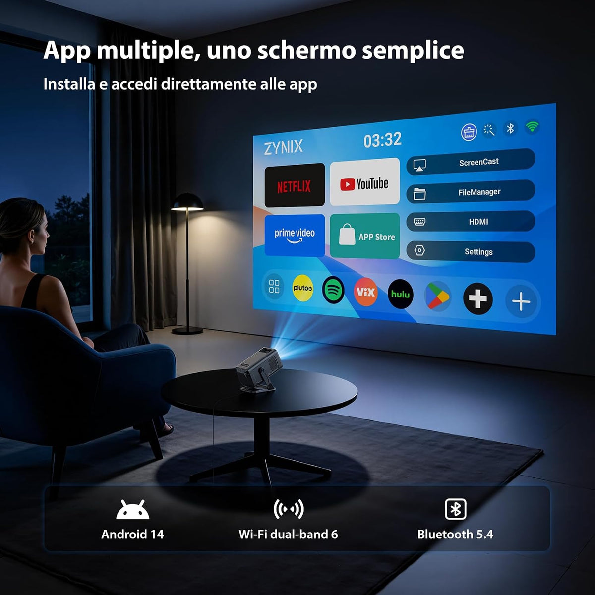 ZYNIX NIX500 Home Cinema Projector with Android 14 & Built-in Apps, Supports 4K & 1080P with WiFi 6 & Bluetooth 5.4, Auto Keystone & 210° Rotation for Home Cinema & Outdoor