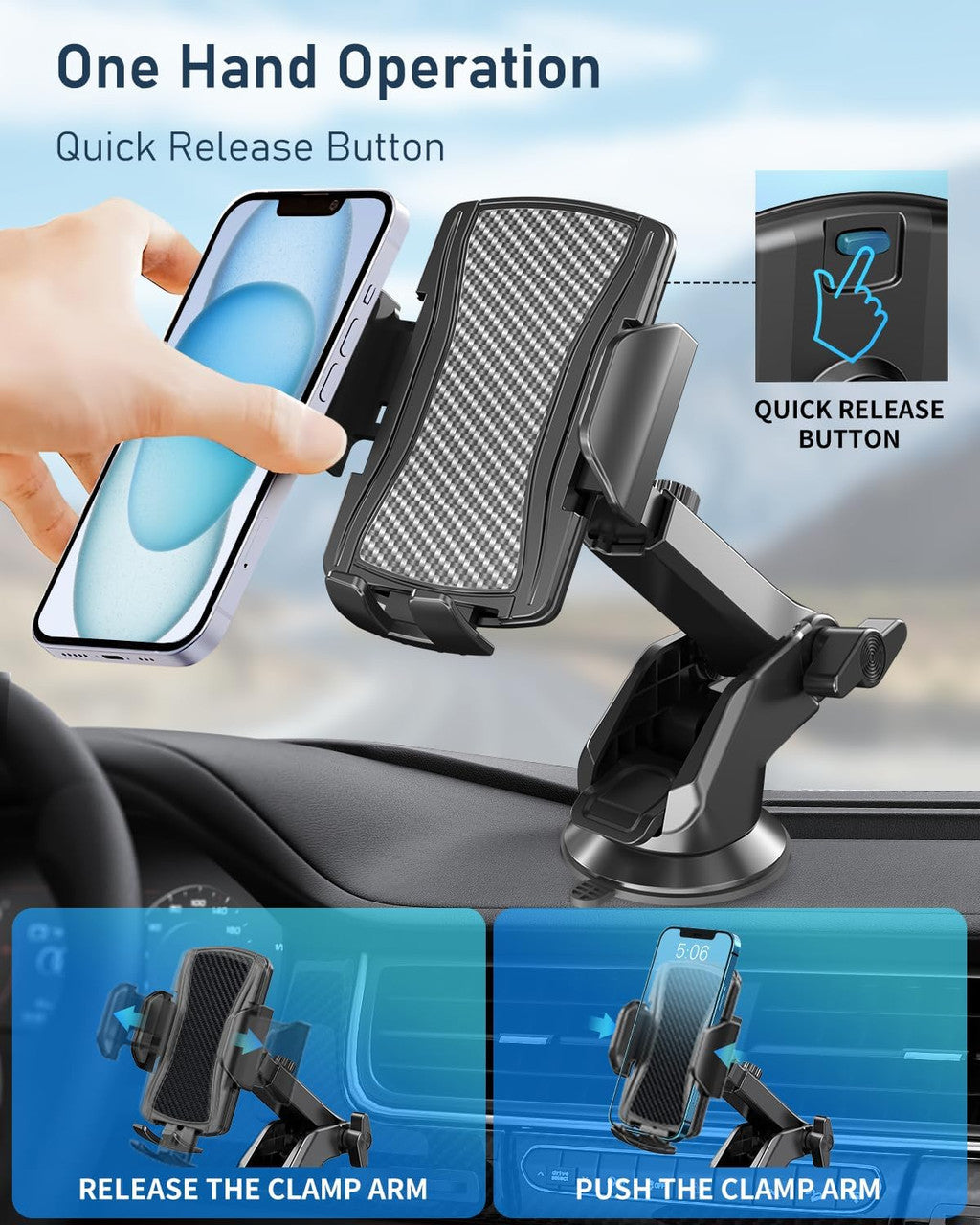 Hoppac Phone Holder for Cars, Ultra Strong Suction Car Phone Mount Cradle for Dashboard Windscreen, 360° Rotation & One Button Release, for iPhone Smartphone 4.0''-7.0''