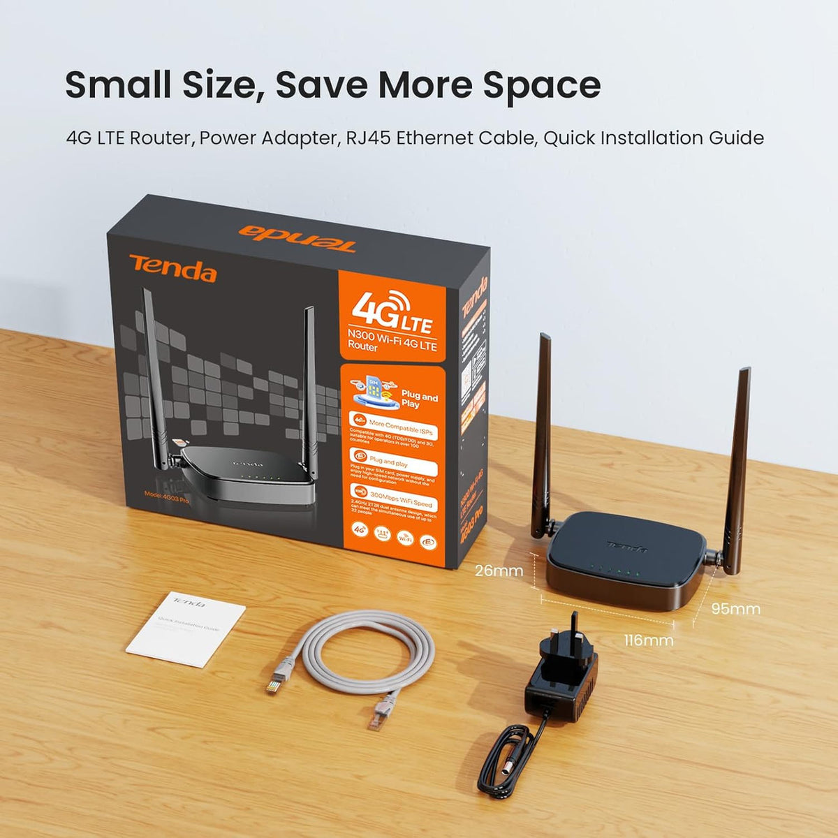 Tenda Router 4G SIM 4G03 Pro - Mobile WiFi Router 3G/4G Wireless Band 2.4 GHz 300Mpbs, LTE Cat4 150Mpbs, Fast Ethernet LAN/WAN Port, 2 * 4dBi External Antenna, NANO SIM Card, Plug and Play