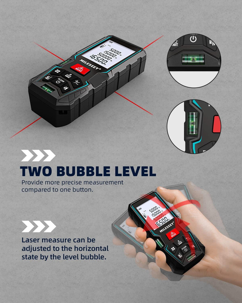 Laser Measure Device 50M, MiLESEEY Laser Distance Meter With 2 Spirit Level Bubbles, ±2mm Accuracy, 2 inch LCD Backlight, Pythagorean Mode, Measure Distance, Area/Volume Calculation