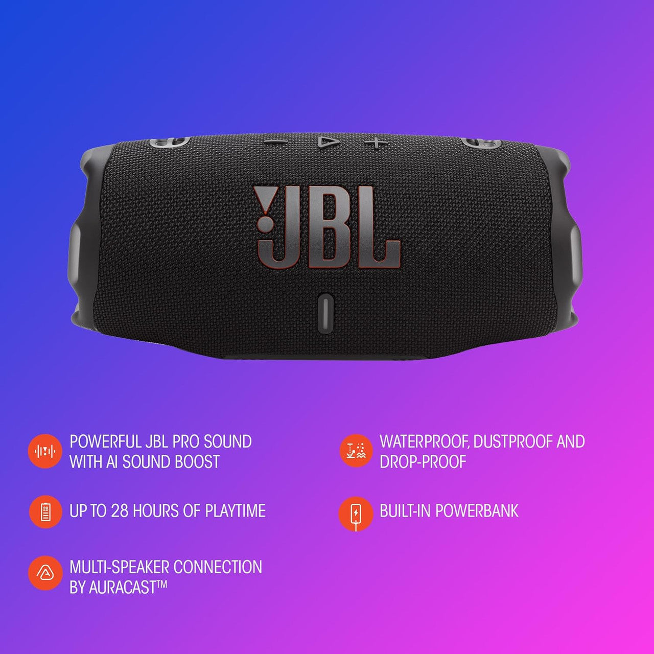 JBL Charge 6, Wireless Portable Bluetooth Speaker, 28 Hours of Playtime, IP68 Waterproof, Dustproof and Drop-Proof, Pro Sound with AI Sound Boost, Auracast Multi-Speaker Connection, Squad