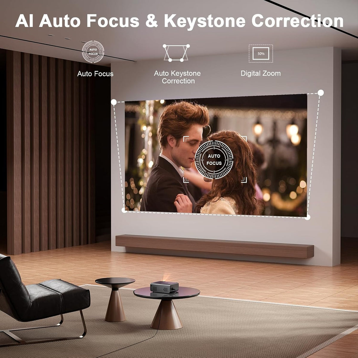 [Built-in -Apps & Auto Focus/Keystone] Smart Projector 4K, VOPLLS 25000L Native 1080P WiFi 6 Bluetooth Outdoor Projector, PPT, 50% Zoom Home Theater Movie Projector for Bedroom/iOS/Android