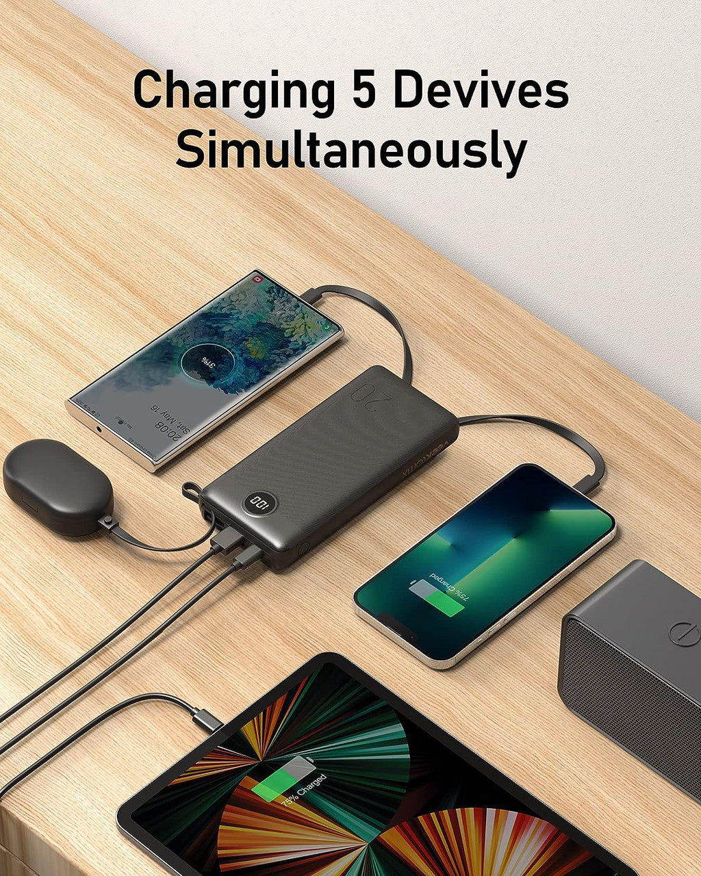 VEEKTOMX Power Bank with Built-in Cables, 20000mAh USB C Portable Charger with 5 Outputs & 2 Inputs and LED Display, External Battery Bank for iPhone 14 13 12/ iPad/Samsung S22/21/20 (20000mAh-Black)