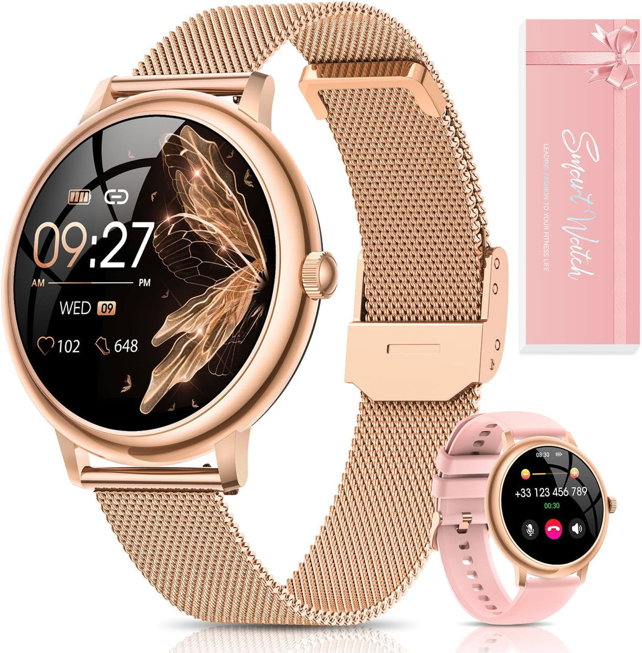 RUXINGX Women's Smart Watch G58, Round Elegant 1.19-Inch AMOLED Touch Screen, Smartwatch with Calls, Female Function, 120+ Sports Heart Rate Monitor SpO2 Sleep Pedometer Android iOS Christmas Gift Gold