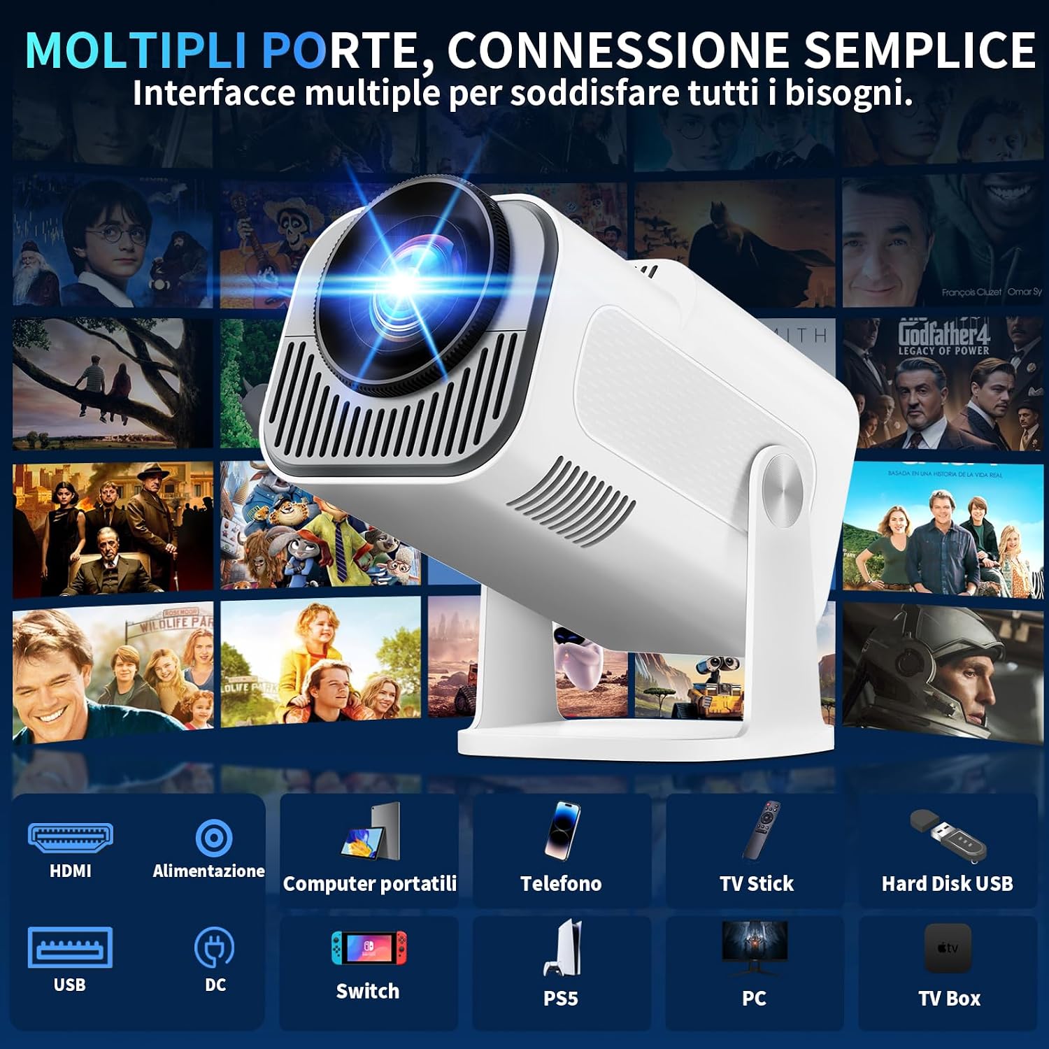 [Integrated App & 2026 Upgraded] 1080P 4K Projector with WiFi 6 Bluetooth 5.2 Mini Portable Projector Supports 270° Rotatable Auto Keystone Projector TV Stick/USB/HDMI/PC with HDMI Cable & Mouse, White.