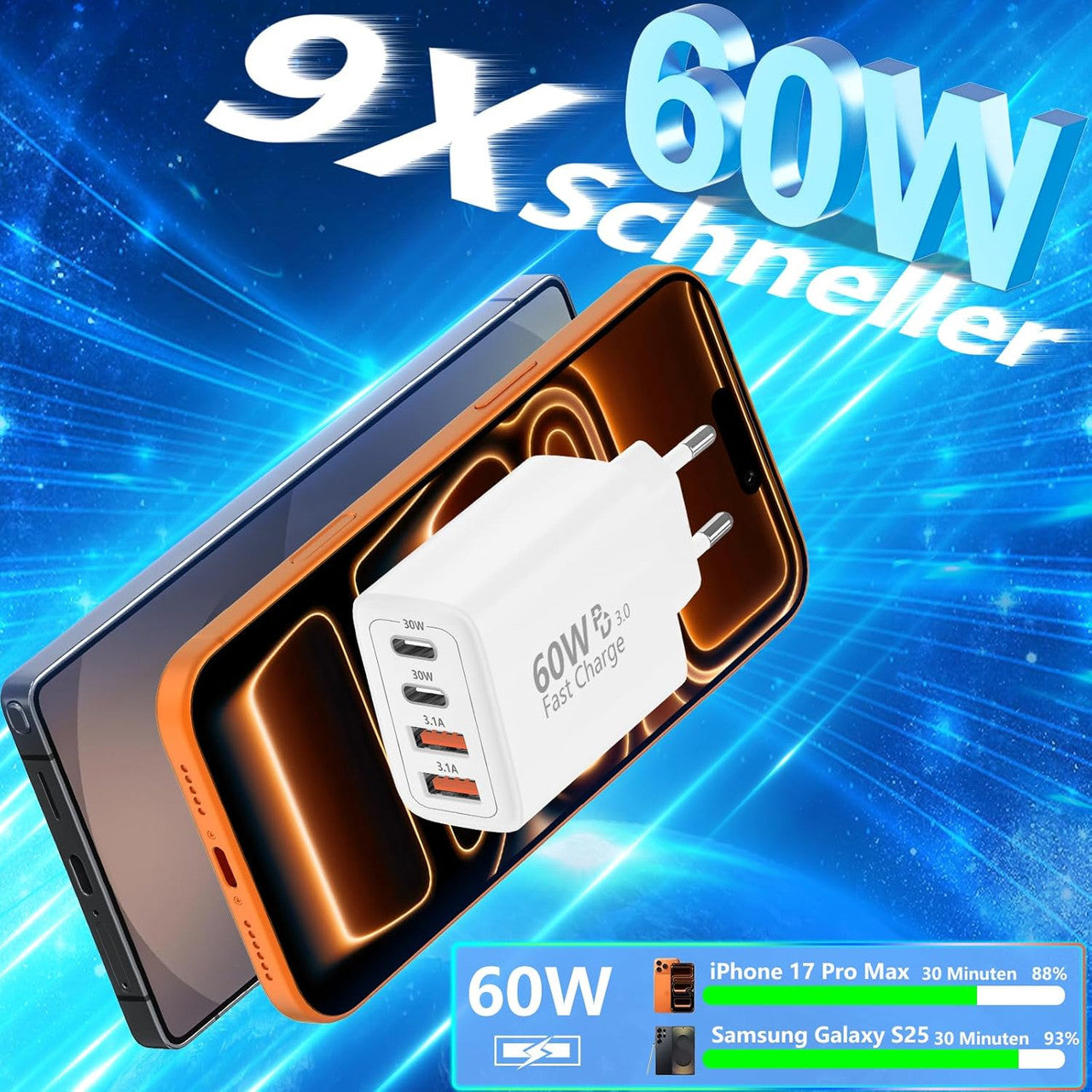 USB C Charger, Rombica 4-Port Multiple Charger with USB-C and USB-A, 60W Fast Charger PD3.0 Power Adapter USB Power Supply for iPhone 17 17 Pro Max 16 15 14 13 12 11 XS XR X, iPad, Samsung, Mobile Phones