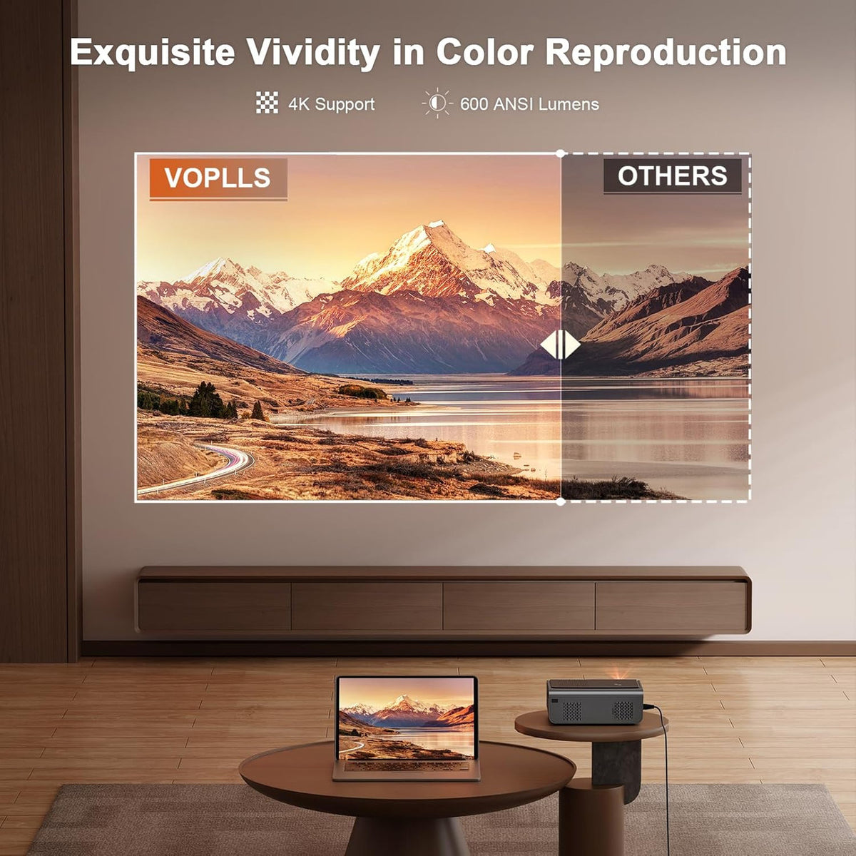 [Built-in -Apps & Auto Focus/Keystone] Smart Projector 4K, VOPLLS 25000L Native 1080P WiFi 6 Bluetooth Outdoor Projector, PPT, 50% Zoom Home Theater Movie Projector for Bedroom/iOS/Android