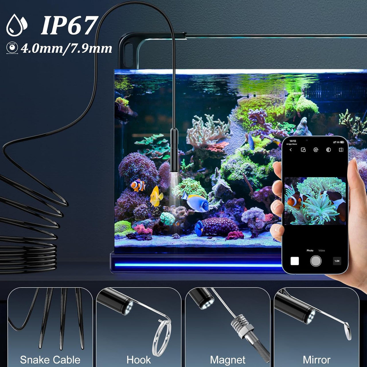 Endoscope Inspection Camera, Ennovor 1920 HD Flexible Rigid Snake Probing Tool, 8 LED Lights No WiFi Snake,Waterproof IP67 Tube Sink Pipe Drain Camera for Android iOS Tablet Samsung (16.4 ft/ 5m)