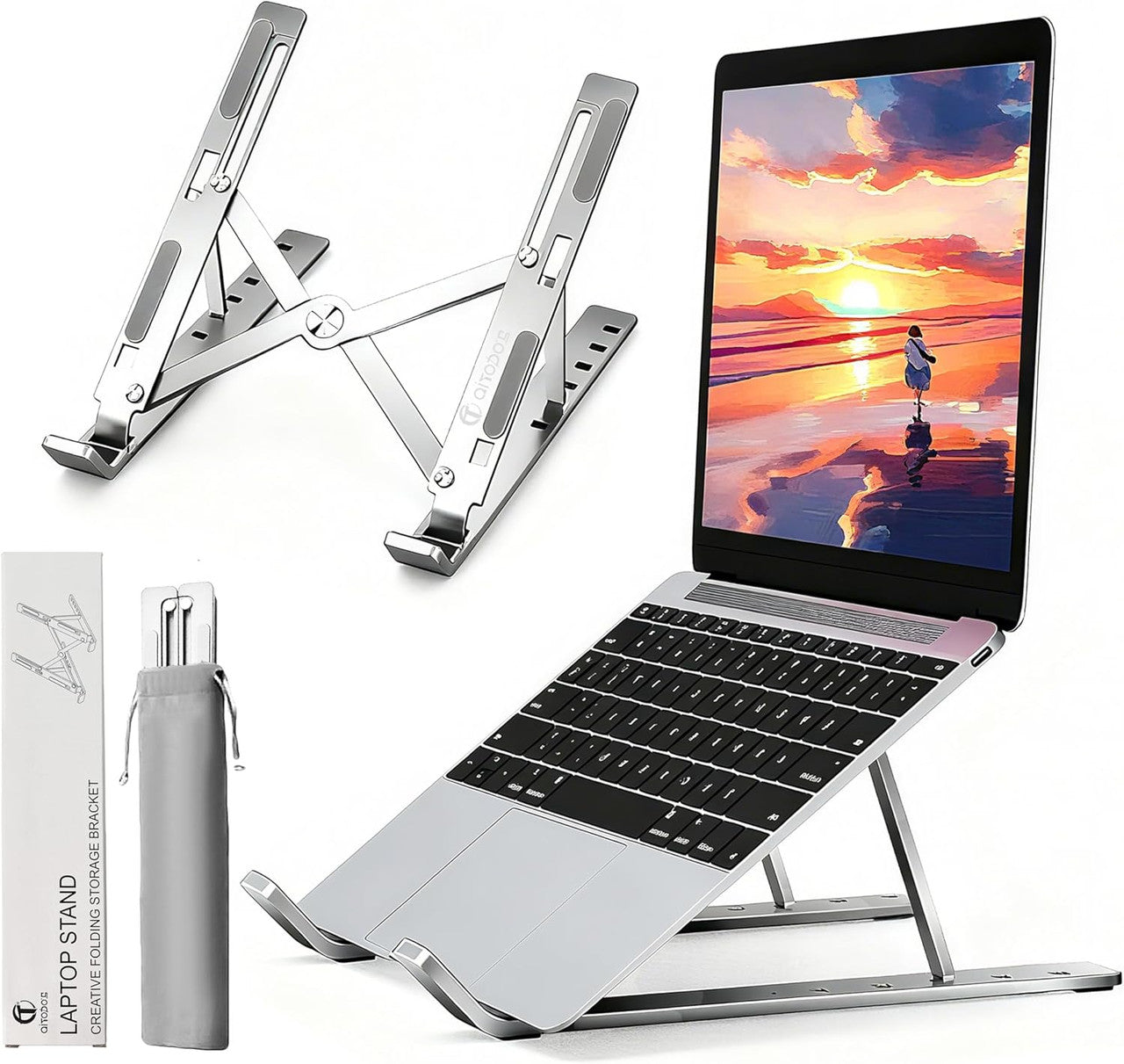 Aitodos® Laptop Stand, Aluminum Alloy, Anti-Slip, Folding, Portable, Ventilation and Cooling, 6-Position Adjustment - Used for office, Sitting Posture Correction