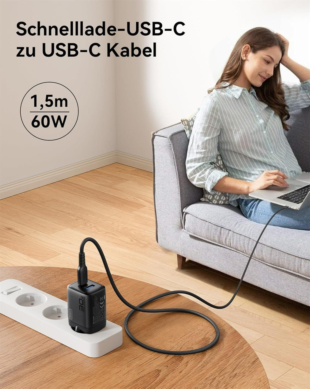 INIU 30 W USB C Charger, GaN Fast Charger with 1.5 m 60 W Cable, Dual Port Power Supply with Intelligent Device Protection for iPhone 17 16 Pro Max, iPad MacBook Air Galaxy S26 Pixel Xiaomi, Black