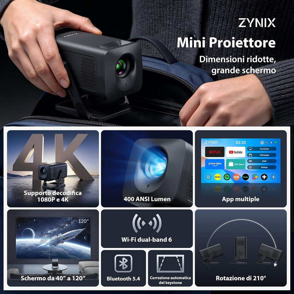 ZYNIX NIX500 Home Cinema Projector with Android 14 & Built-in Apps, Supports 4K & 1080P with WiFi 6 & Bluetooth 5.4, Auto Keystone & 210° Rotation for Home Cinema & Outdoor