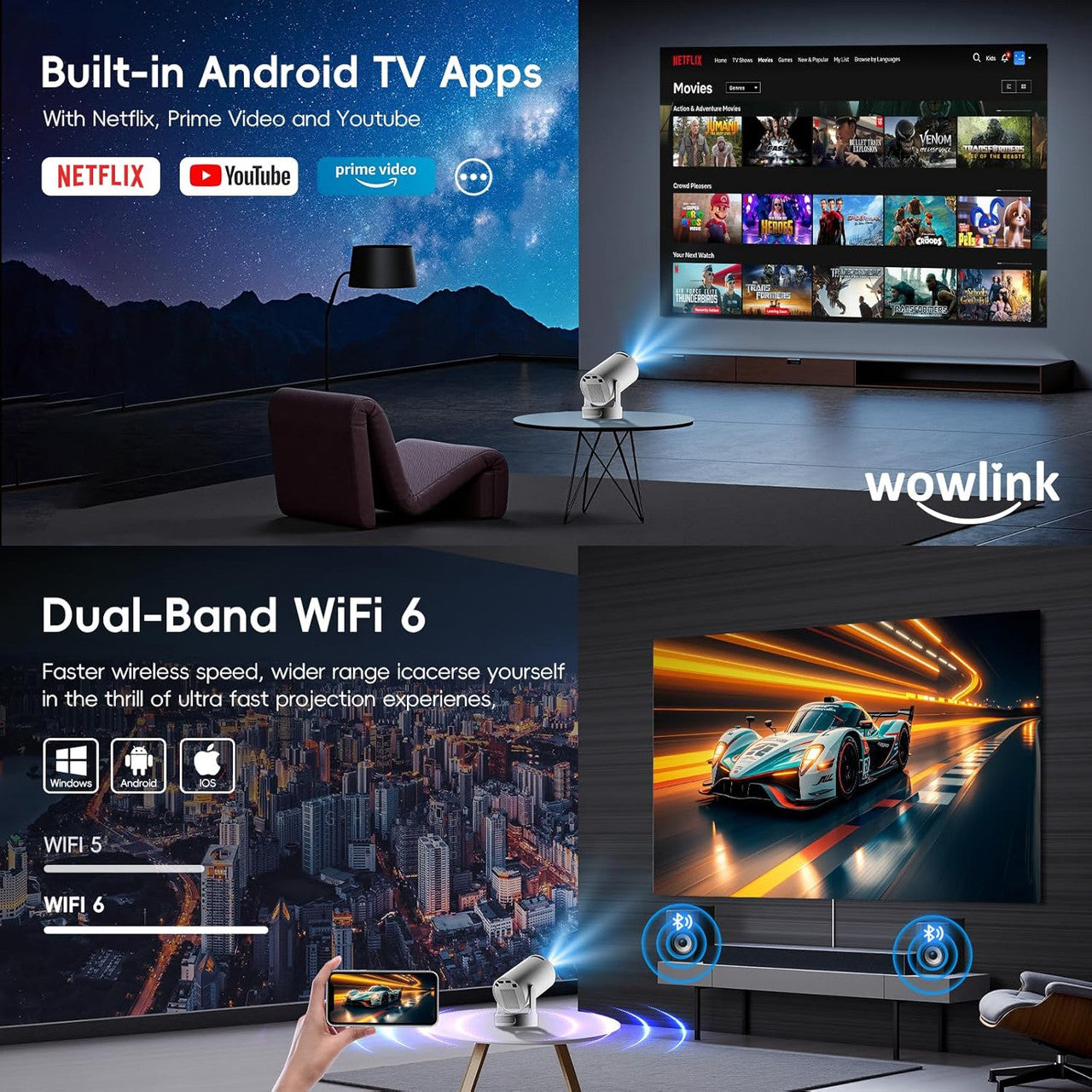 [Built-in Apps & 2025 Upgraded] Mini Projector with WiFi 6 and Bluetooth 5.4 Support 4K 1080P Auto Keystone 180° Rotatable Projector for Bedroom Compatibile with HDMI/TV Stick/Memory Stick/Laptop