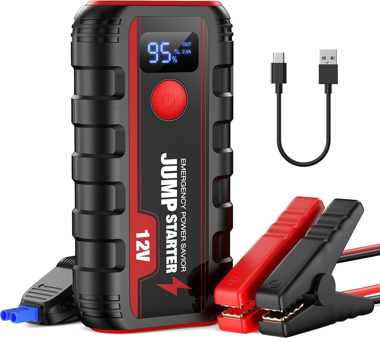 Jump Starter Power Pack Booster - Portable 12V Car Battery Jumpstart Bank Motorcycle Jumper Start with Leads LCD Screen LED Engine Up To 6.0L Gas or 5.5L Diesel