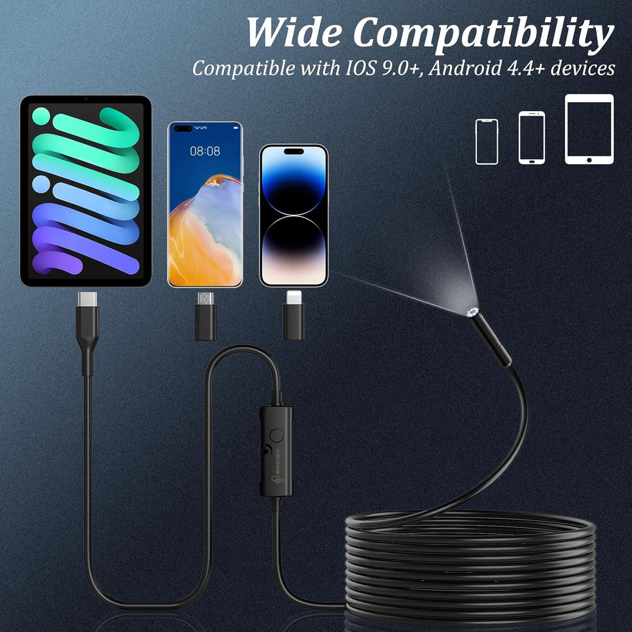 Endoscope Inspection Camera, Ennovor 1920 HD Flexible Rigid Snake Probing Tool, 8 LED Lights No WiFi Snake,Waterproof IP67 Tube Sink Pipe Drain Camera for Android iOS Tablet Samsung (16.4 ft/ 5m)