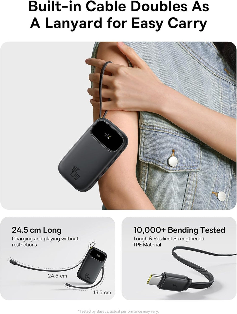 Baseus Powerbank 20000mAh 45W with Integrated USB-C Cable, Power Bank PD3.0 QC4.0 Fast Charging Battery Pack, 3 C and 1 A, Portable Charger for iPhone 17/Air/16/15/14 Pro Max, iPad, Galaxy, Black