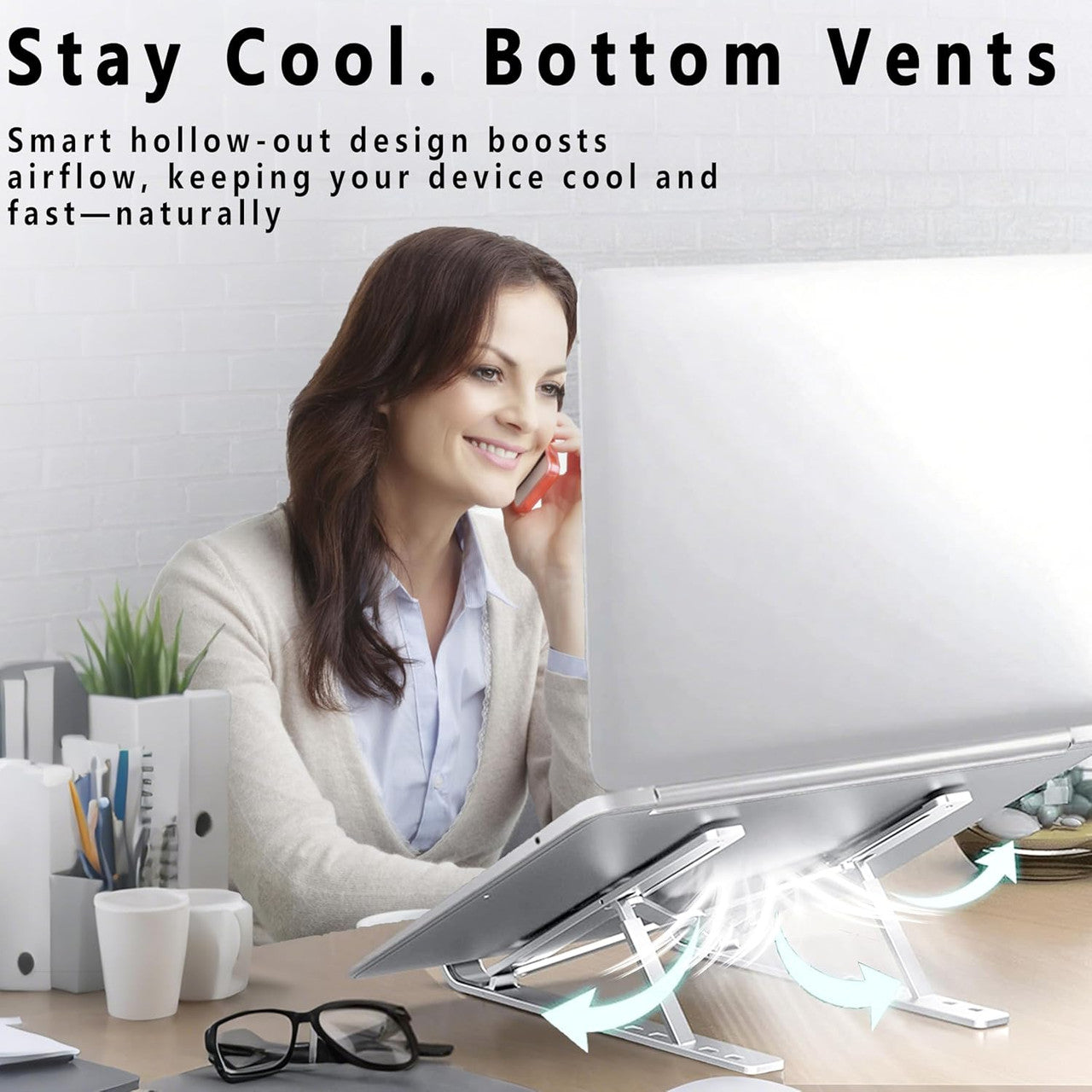 Aitodos® Laptop Stand, Aluminum Alloy, Anti-Slip, Folding, Portable, Ventilation and Cooling, 6-Position Adjustment - Used for office, Sitting Posture Correction