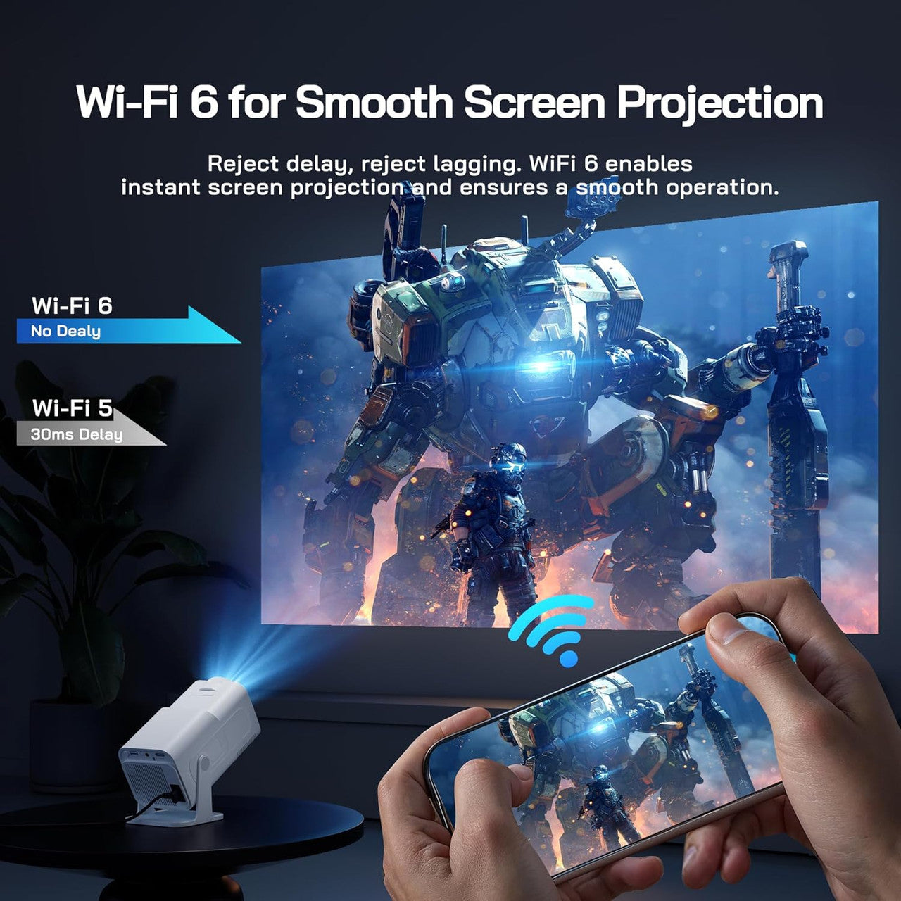 WOLFANG 4K Mini Projector【Built-in Apps/Official Netflix】, 26000 Lumen WiFi 6 Portable Projector with 50% Zoom, 180° Rotatable Smart Home Projector Compatible with TV Stick/iOS/Android/PC/PS5/HDMI/AV