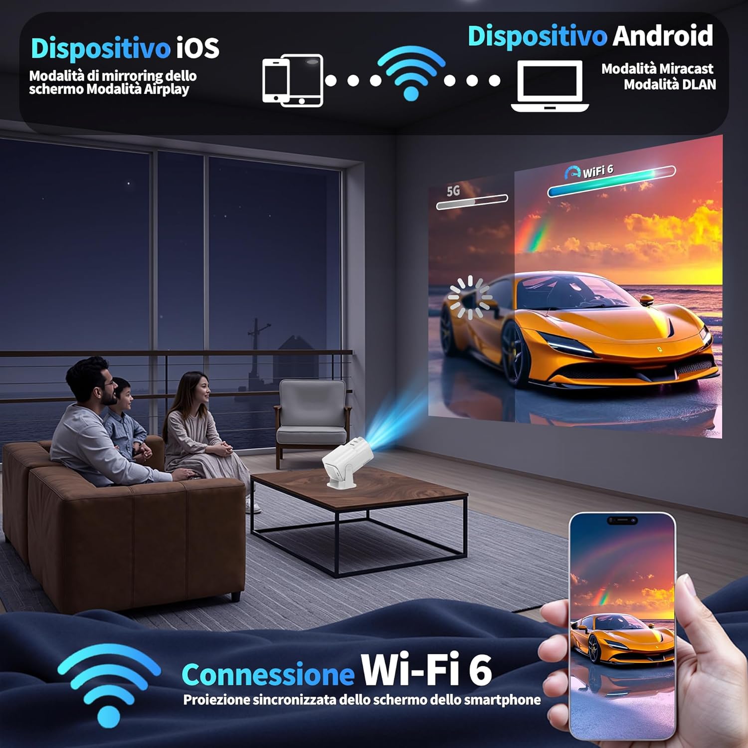 [Integrated App & 2026 Upgraded] 1080P 4K Projector with WiFi 6 Bluetooth 5.2 Mini Portable Projector Supports 270° Rotatable Auto Keystone Projector TV Stick/USB/HDMI/PC with HDMI Cable & Mouse, White.