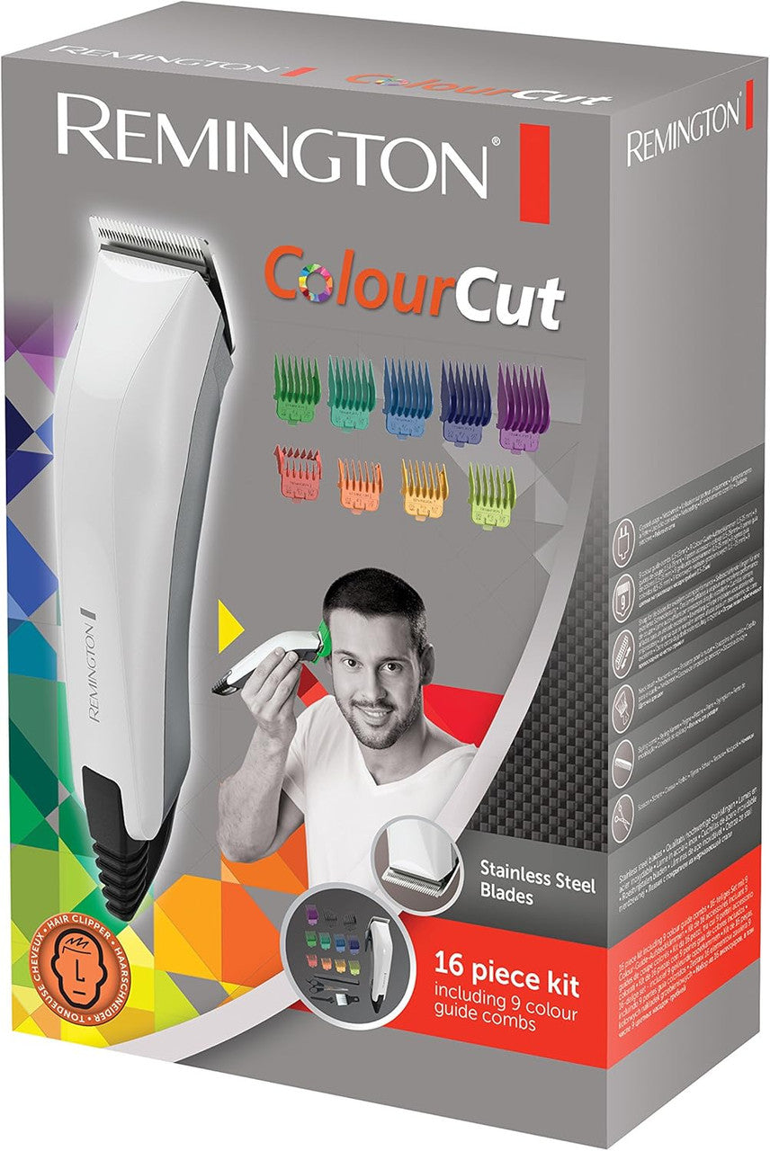 Remington Colour Cut Hair Clippers Kit (Corded, Stainless Steel Self-Sharpening Blades, Comfort Tip Blades, Taper Lever (0.5-2mm), 9 Colour Coded Combs (1.5-25mm), Scissors & Comb)