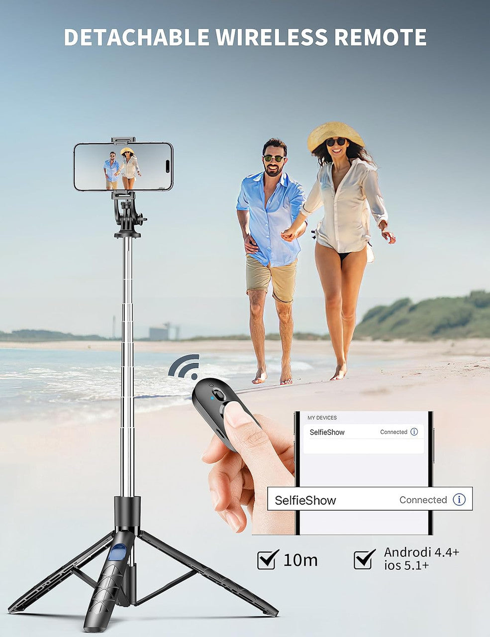 SelfieShow 180 cm Mobile Phone Tripod Stand & Selfie Stick, Universal Phone Holder with Wireless Remote, Black, Compatible with iPhone, Samsung, Huawei & More, Stainless Steel, Cell Phone Tripod