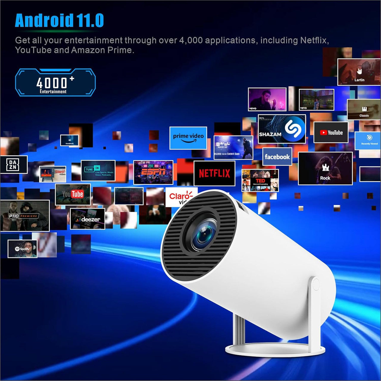 Mini Portable Projector Projector 4K 1080P Full HD Compatible Android 11 Netflix WiFi 6 BT5.2 Correction Trapezoid 180° Rotation Built-in Speaker HDMI/USB/TV Stick/PS5