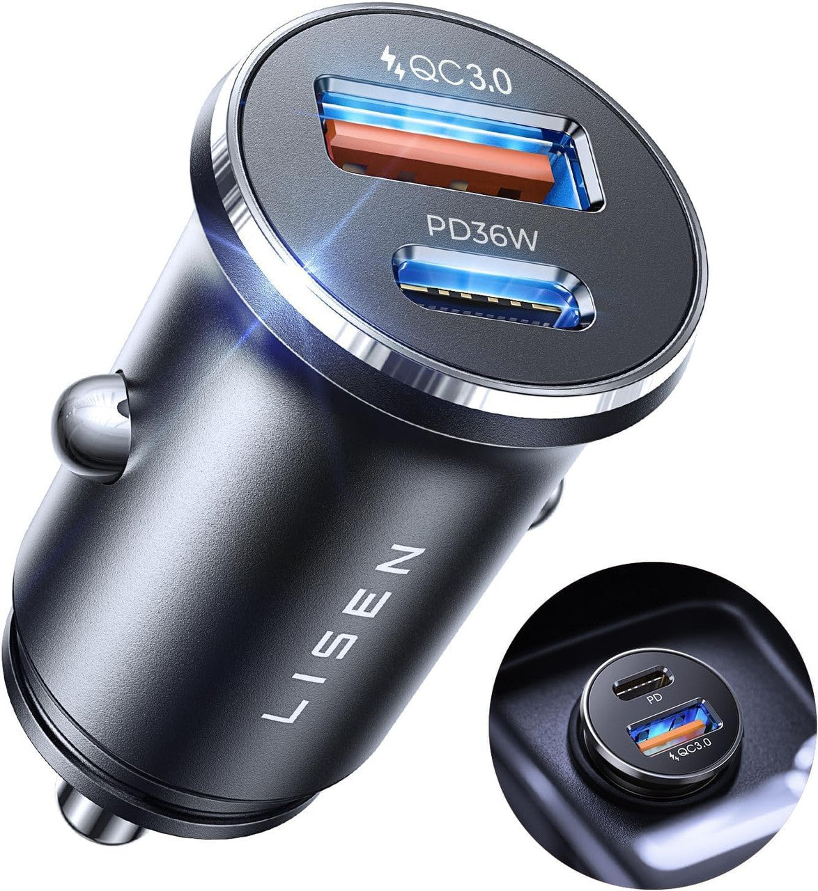 LISEN USB Car Cigarette Lighter Socket, 54W PD&QC3.0 12V Car Cigarette Lighter Charger USB C Cigarette Lighter Charger with iPhone 16 Pro Max 15 14 13 12/ iPad