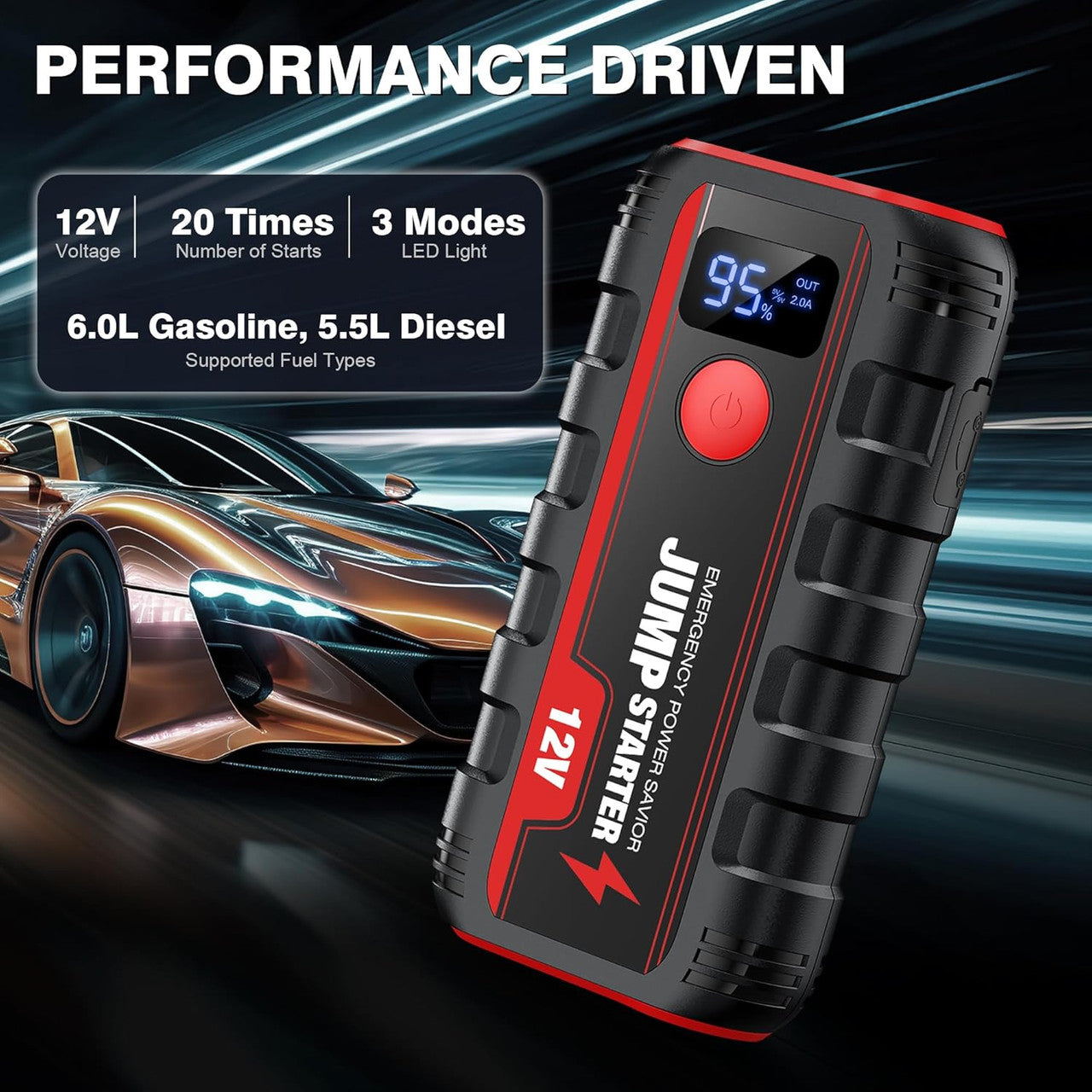 Jump Starter Power Pack Booster - Portable 12V Car Battery Jumpstart Bank Motorcycle Jumper Start with Leads LCD Screen LED Engine Up To 6.0L Gas or 5.5L Diesel