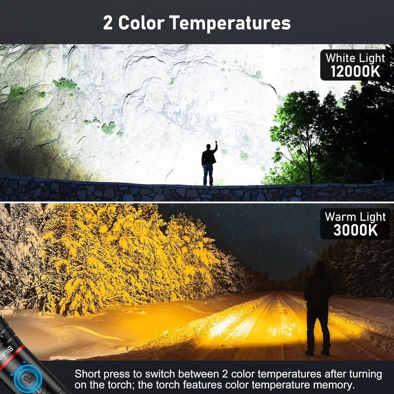 Blukar LED Torch 2 Colour Temperatures, 2000 L Super Bright Zoomable Torches Rechargeable with 10 Light Modes, Long Battery Life, Waterproof Hand Lamp Flashlight for Camping, Outdoor, Emergency, etc. [Energy Class A+++]