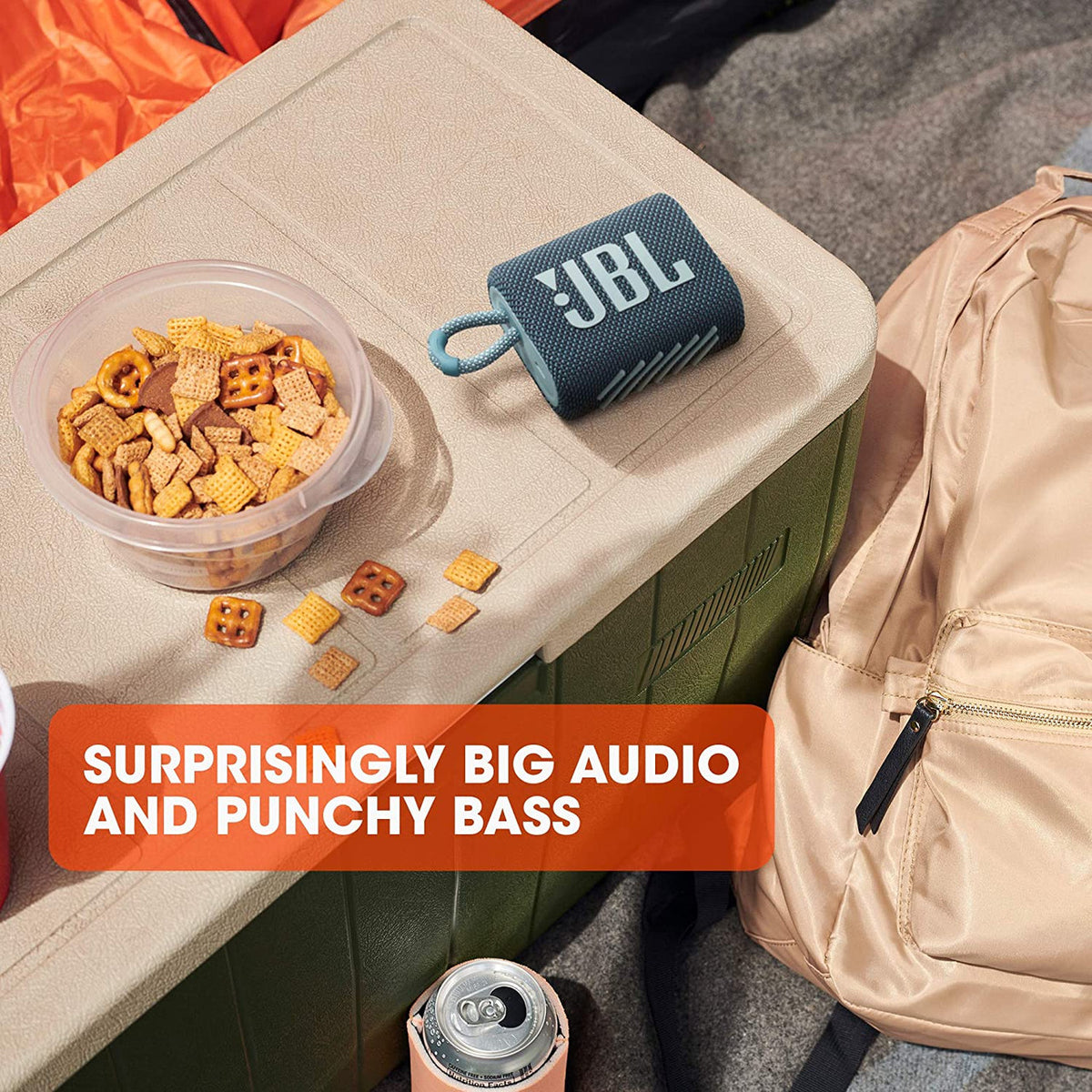 JBL GO 3 - Wireless Bluetooth portable speaker with integrated loop for travel with USB C charging cable, in white
