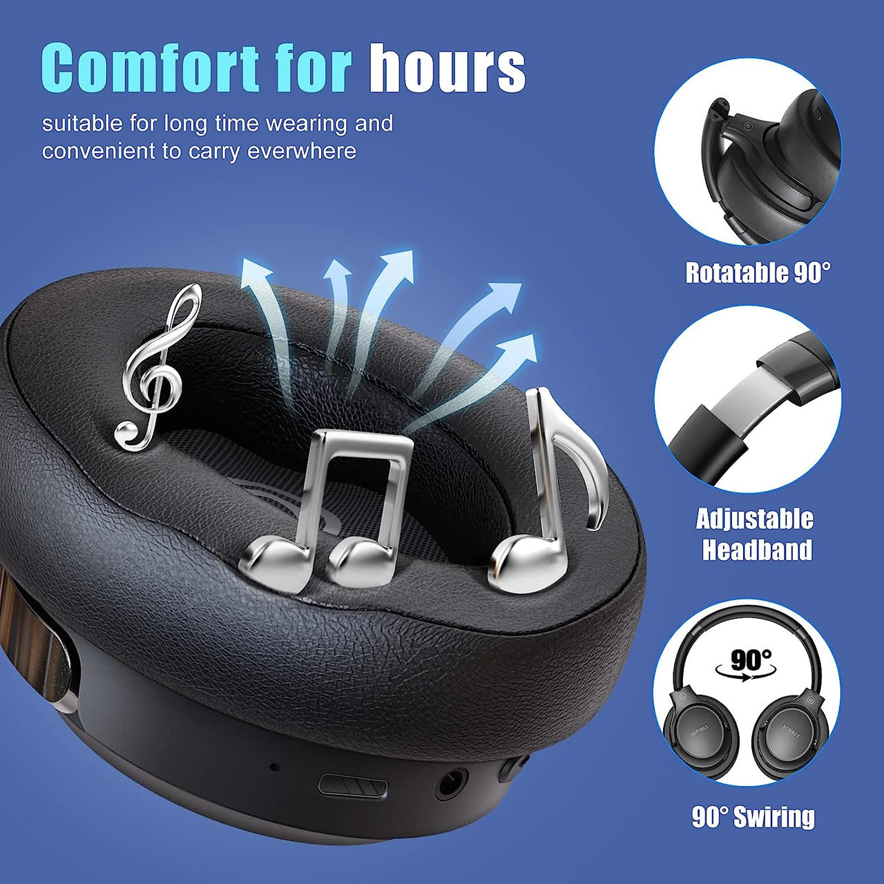 BERIBES Bluetooth Over Ear Headphones, 65 Hours Headphones, Wireless Bluetooth with 3 EQ Modes, HiFi Stereo, Built-in Microphone, Foldable Wireless Headphones for Mobile Phones/iPad/Laptops/PC, Black